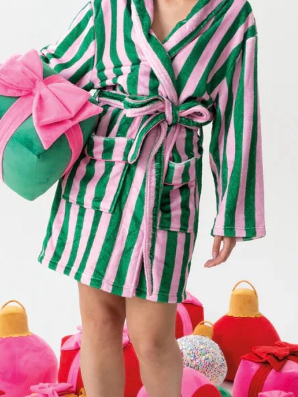 Shiraleah Striped Plush Robe - Pink & Green - Picture 3 of 3